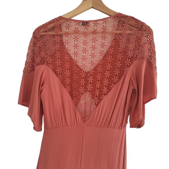 Tobi Coral Pink Lace Cuttout Button Front Accent Sheere Back Slit Maxi Dress S - Picture 10 of 15